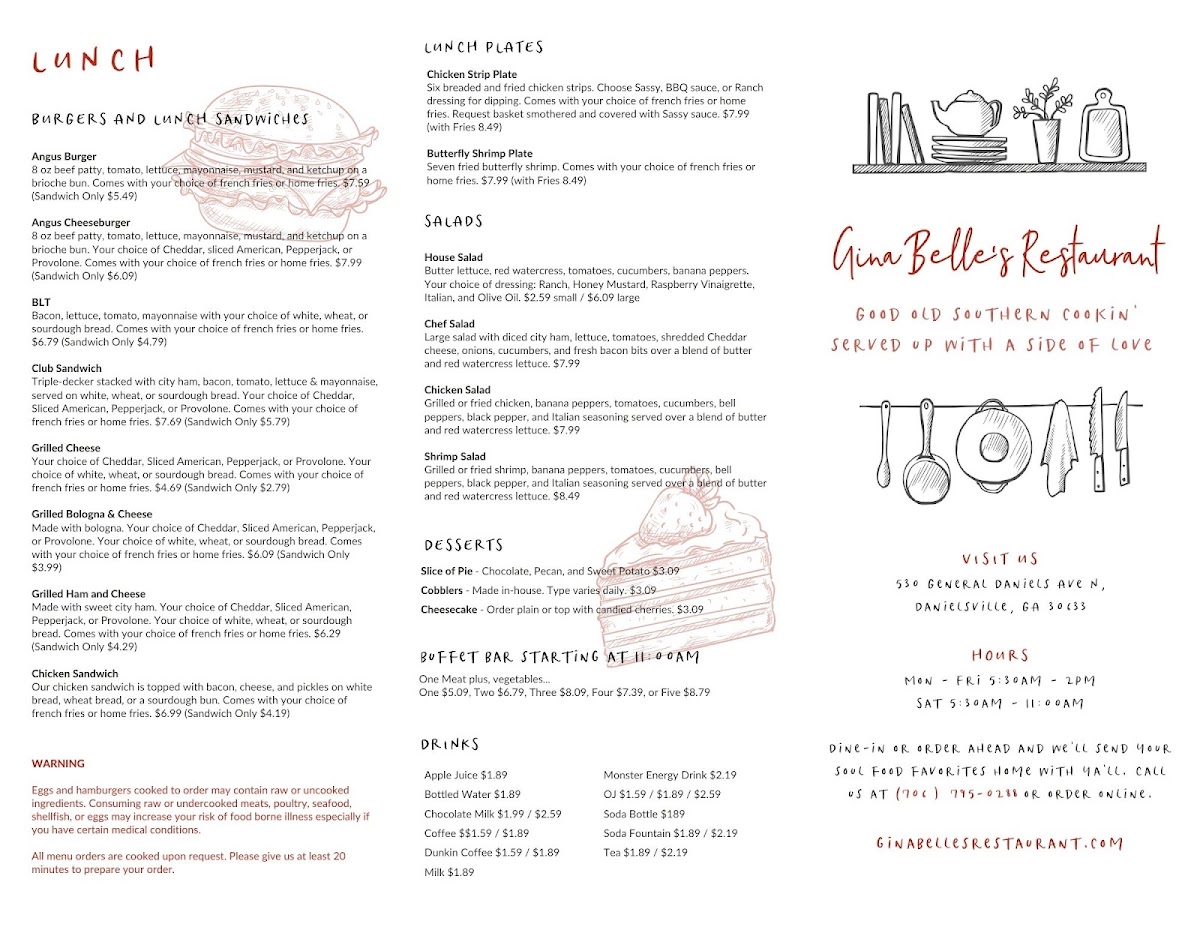 Gina Belle's Restaurant menu board