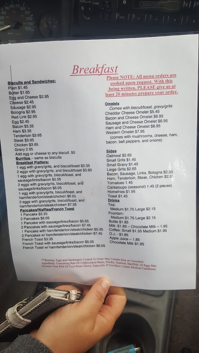 Gina Belle's Restaurant menu board