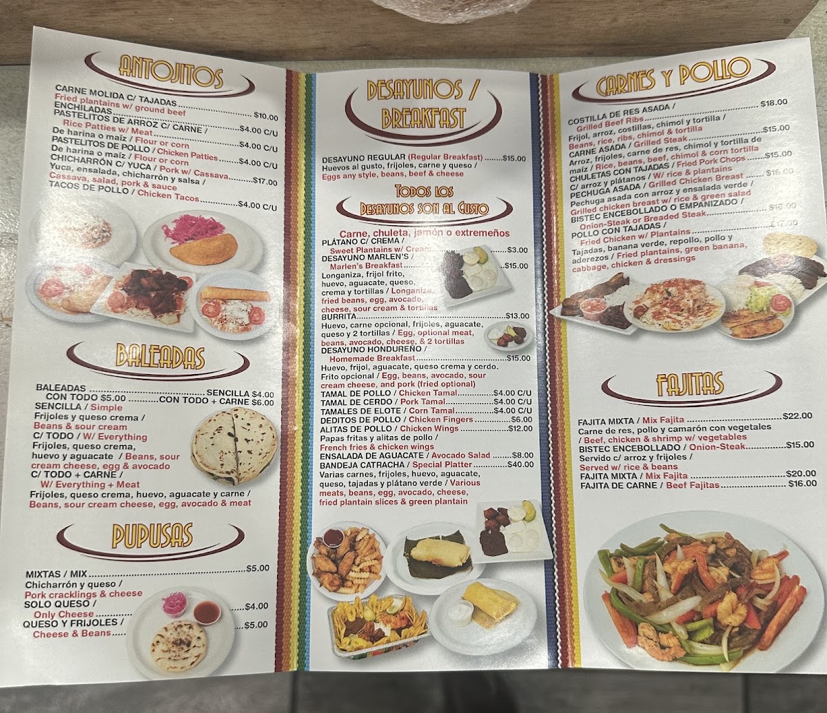 Marlen's Deli Restaurante menu board