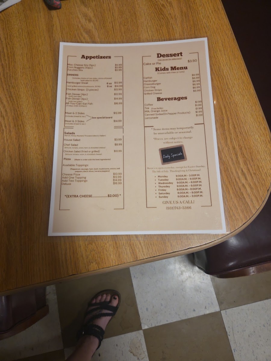 Roxie's Restaurant menu board