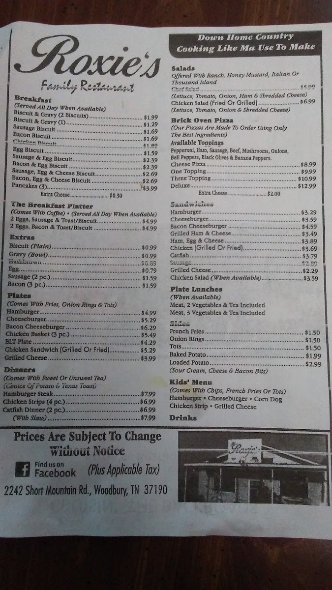 Roxie's Restaurant menu board