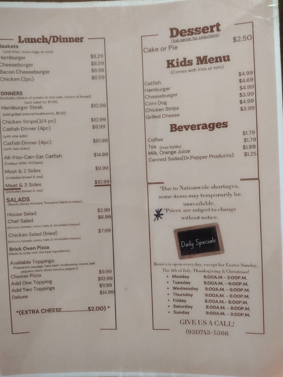 Roxie's Restaurant menu board