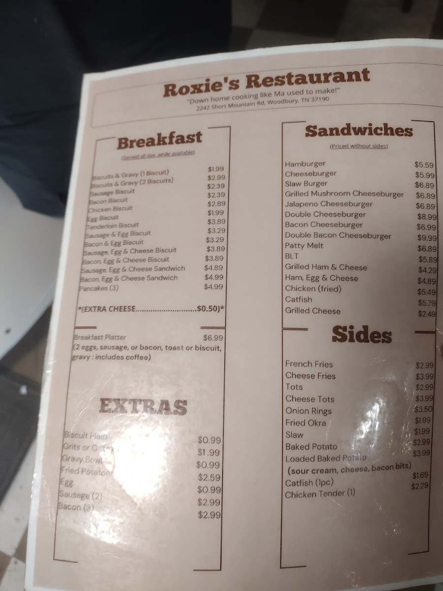 Roxie's Restaurant menu board