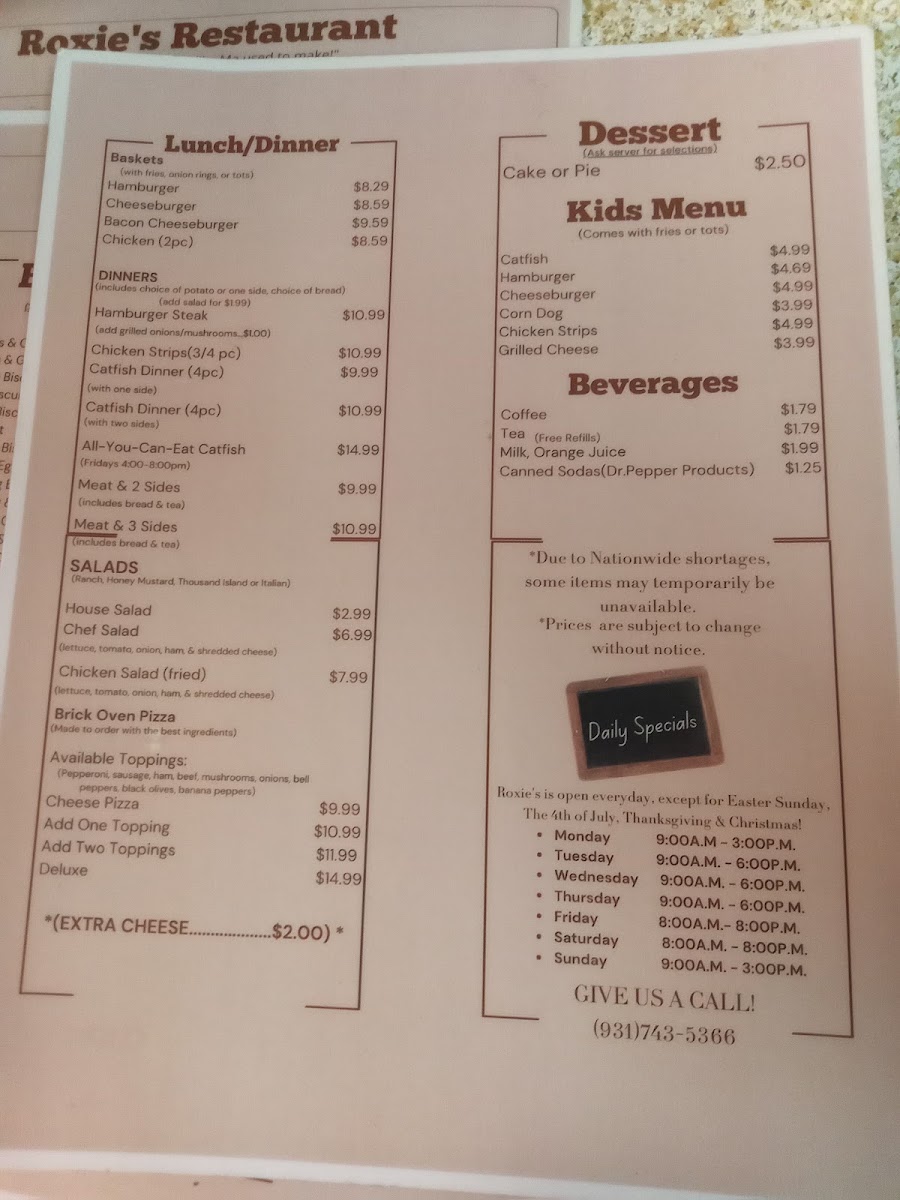 Roxie's Restaurant menu board
