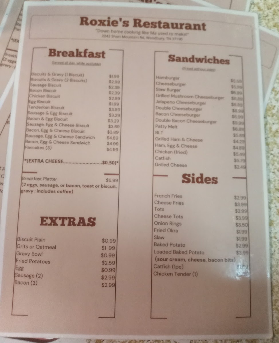 Roxie's Restaurant menu board