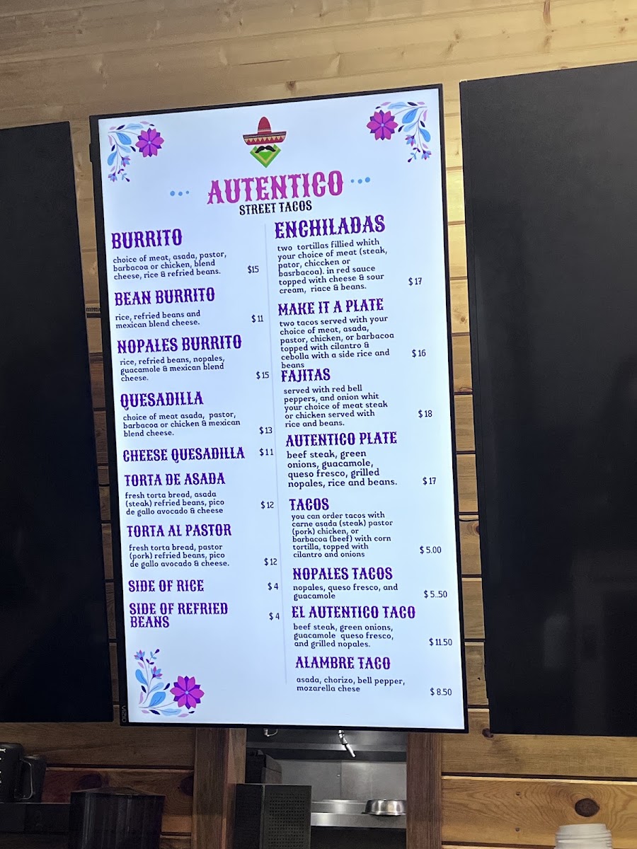 Autentico Street Tacos | Mexican menu board