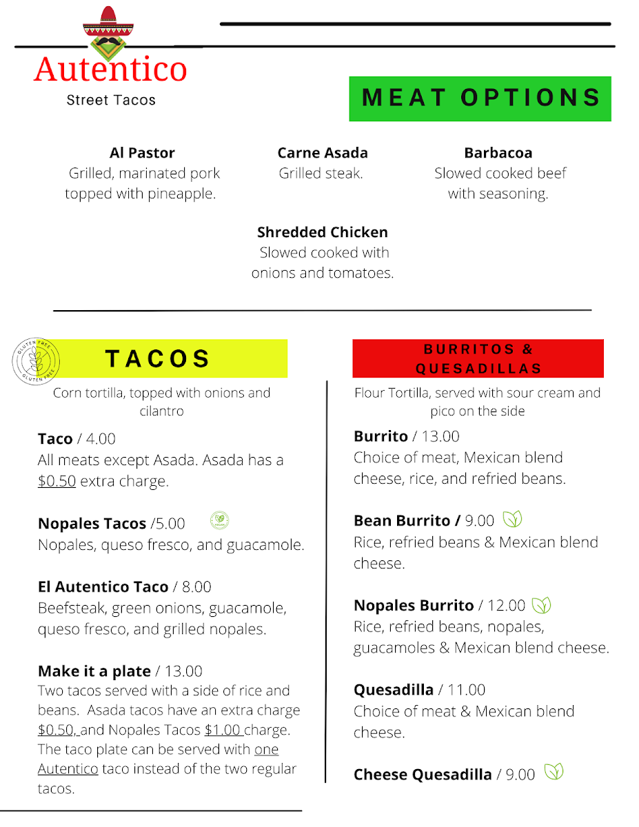 Autentico Street Tacos | Mexican menu board