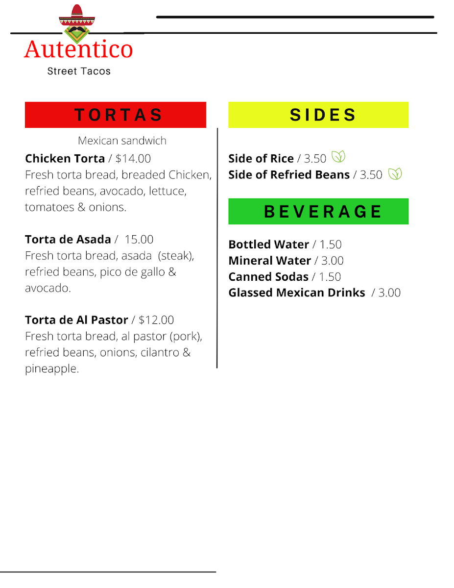 Autentico Street Tacos | Mexican menu board