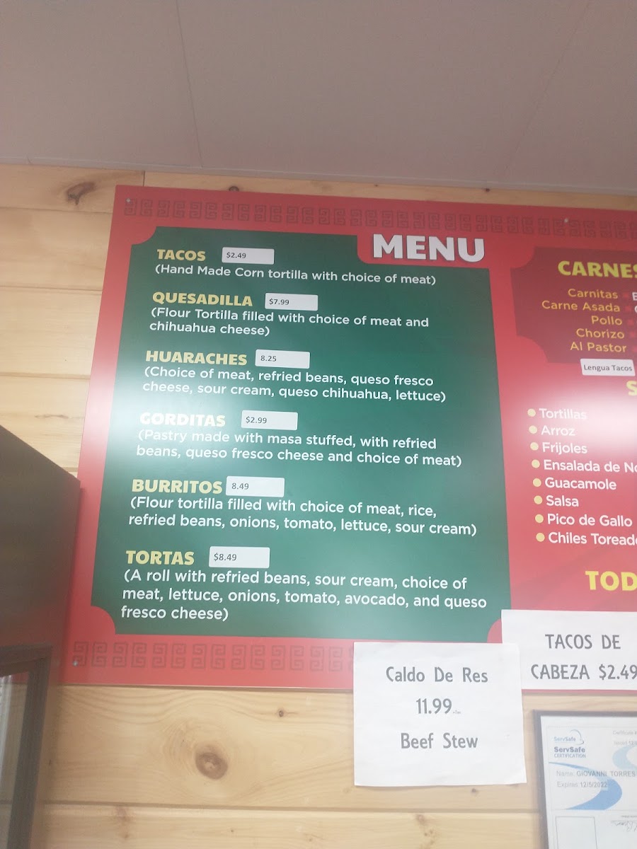 Mi Tierra menu board