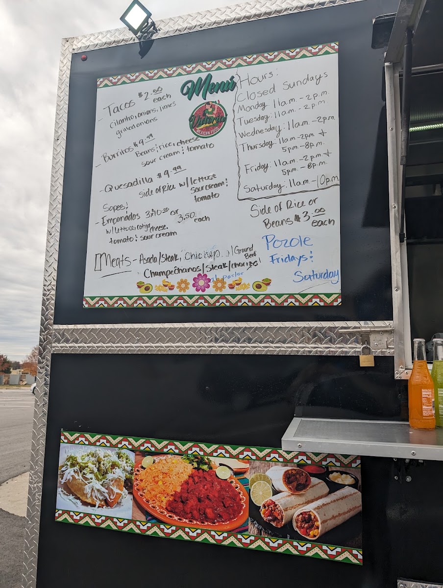 Victoria' Mexican Food Truck menu board
