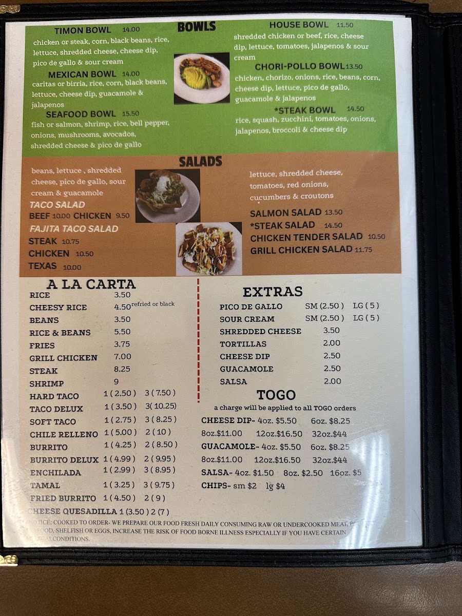 El Timón Mexican Restaurant Danielsville menu board