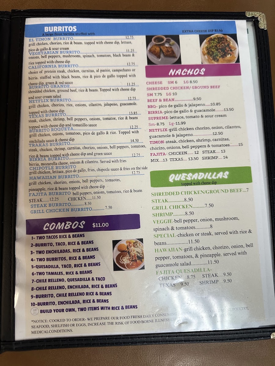 El Timón Mexican Restaurant Danielsville menu board