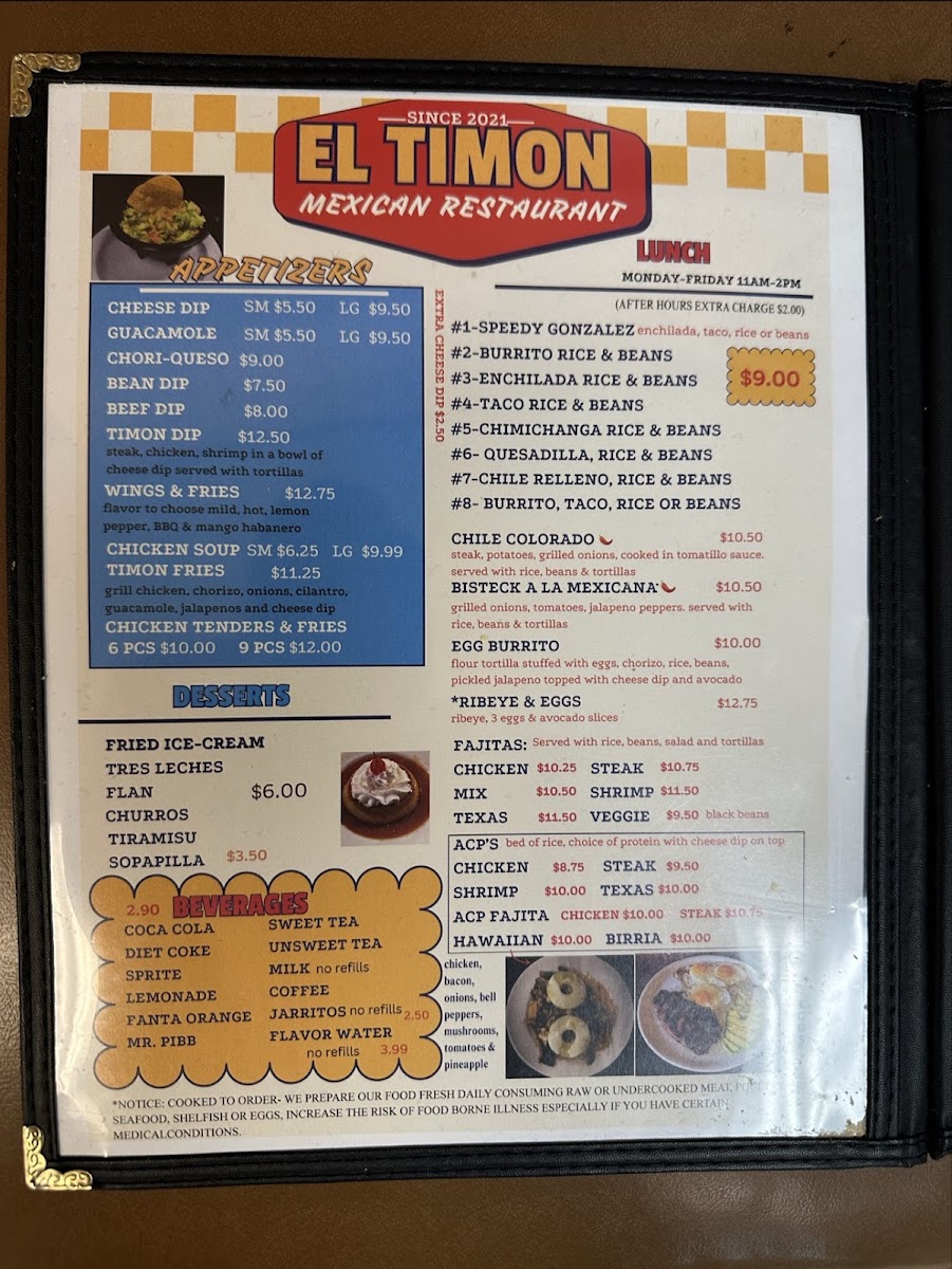 El Timón Mexican Restaurant Danielsville menu board