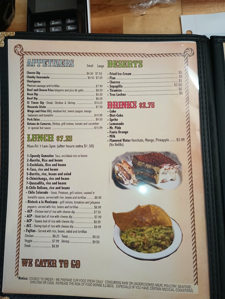 El Timón Mexican Restaurant Danielsville menu board