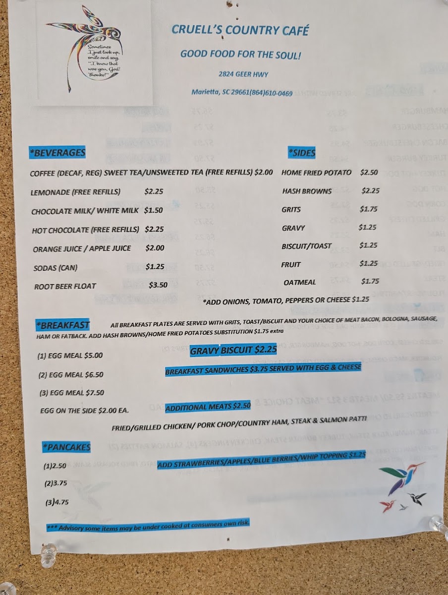 Cruell's Country menu board