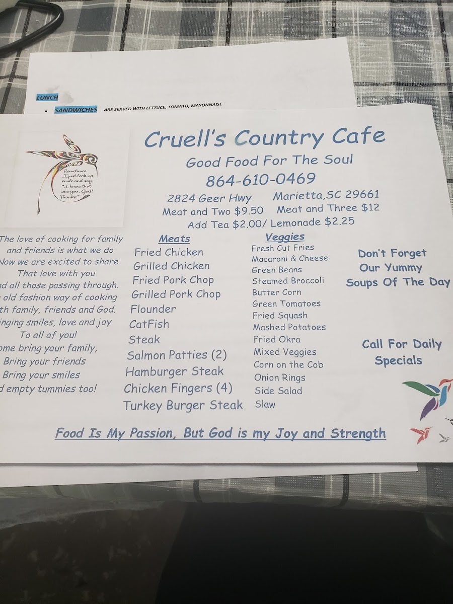 Cruell's Country menu board
