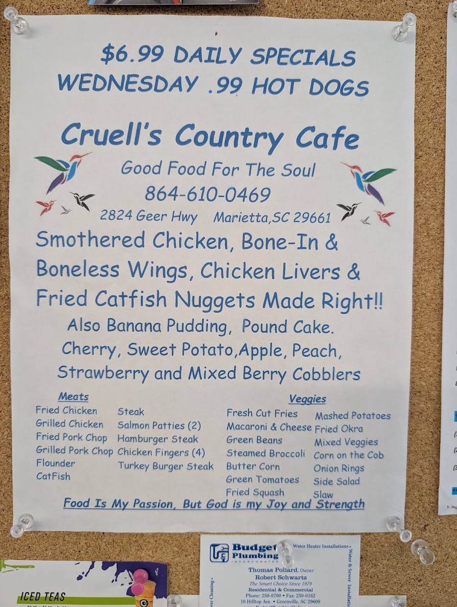Cruell's Country menu board