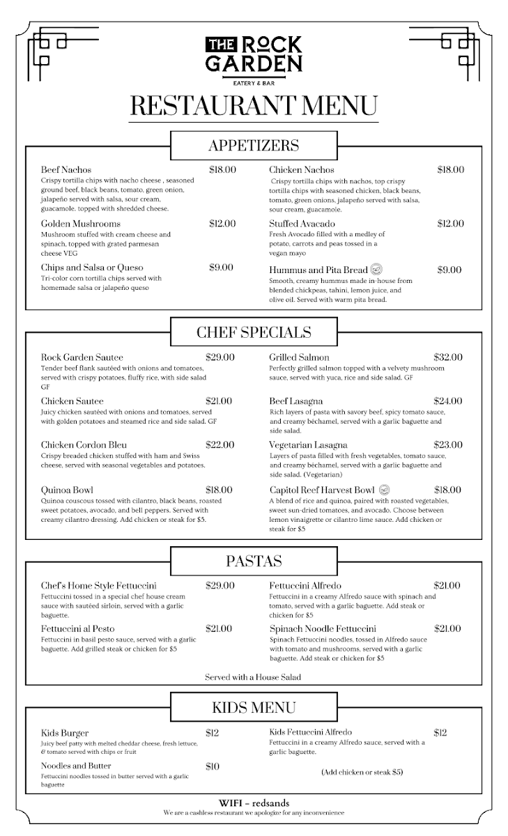 The Rock Garden Eatery and Bar menu board