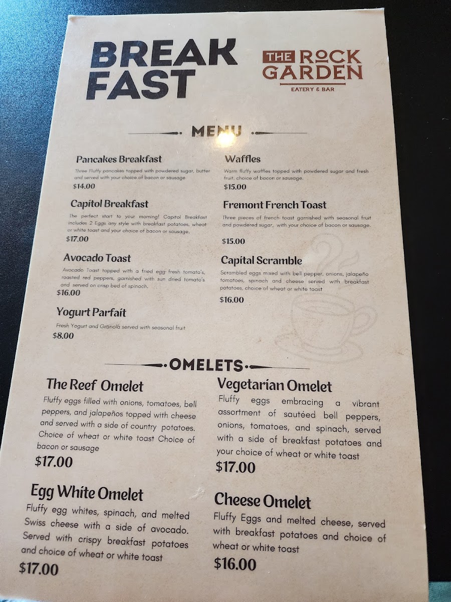 The Rock Garden Eatery and Bar menu board
