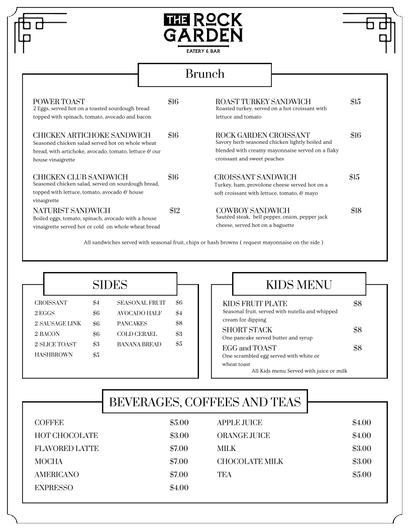 The Rock Garden Eatery and Bar menu board