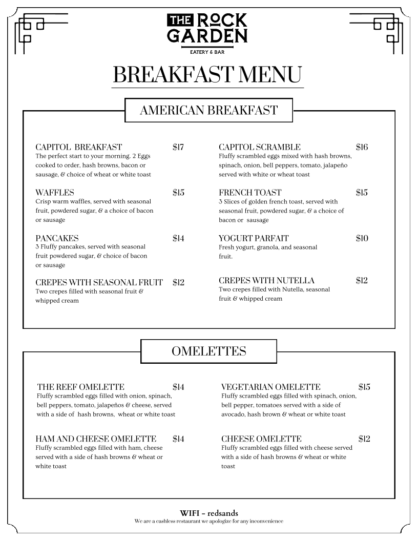 The Rock Garden Eatery and Bar menu board