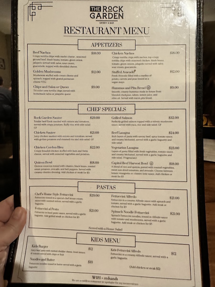 The Rock Garden Eatery and Bar menu board