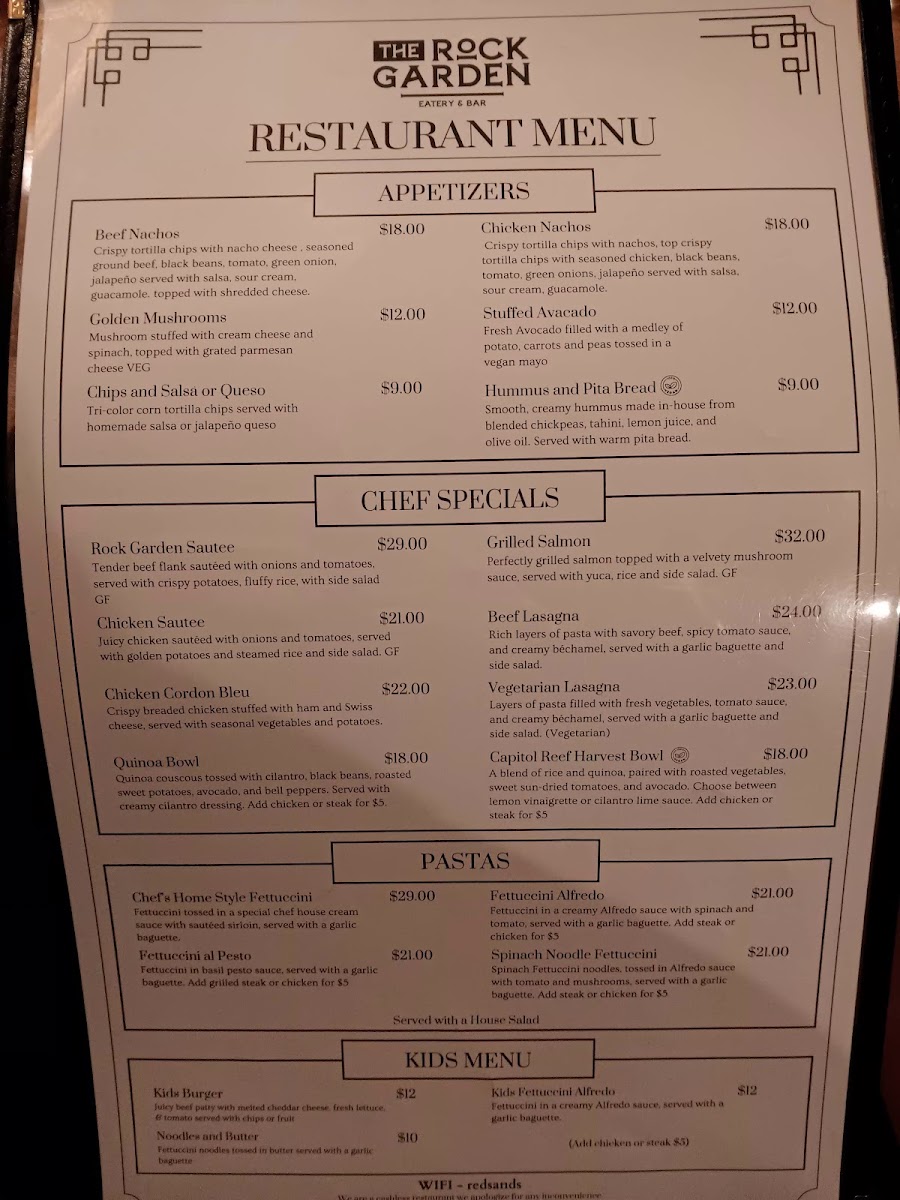The Rock Garden Eatery and Bar menu board