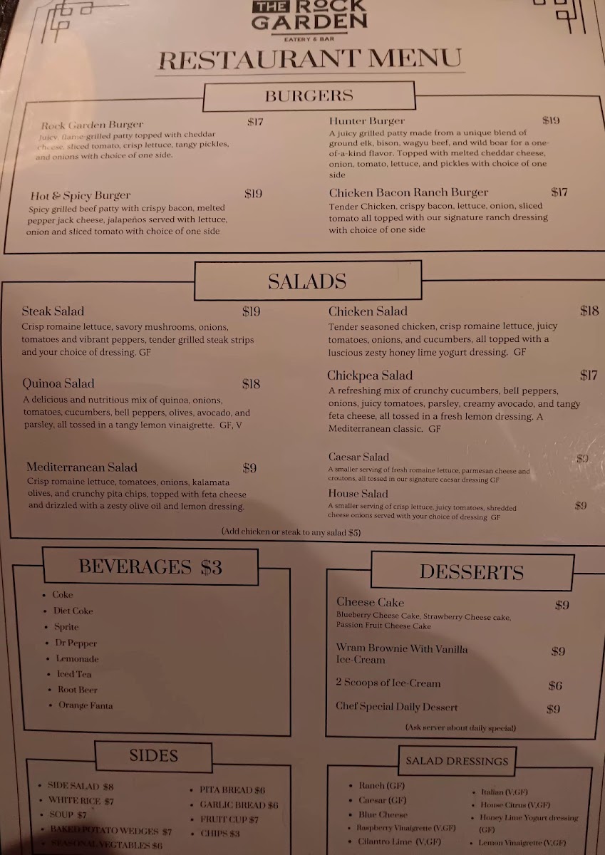 The Rock Garden Eatery and Bar menu board
