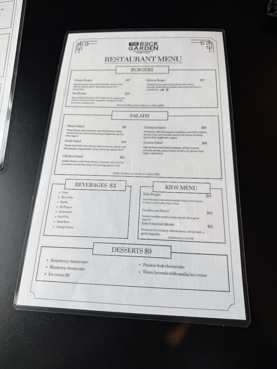 The Rock Garden Eatery and Bar menu board