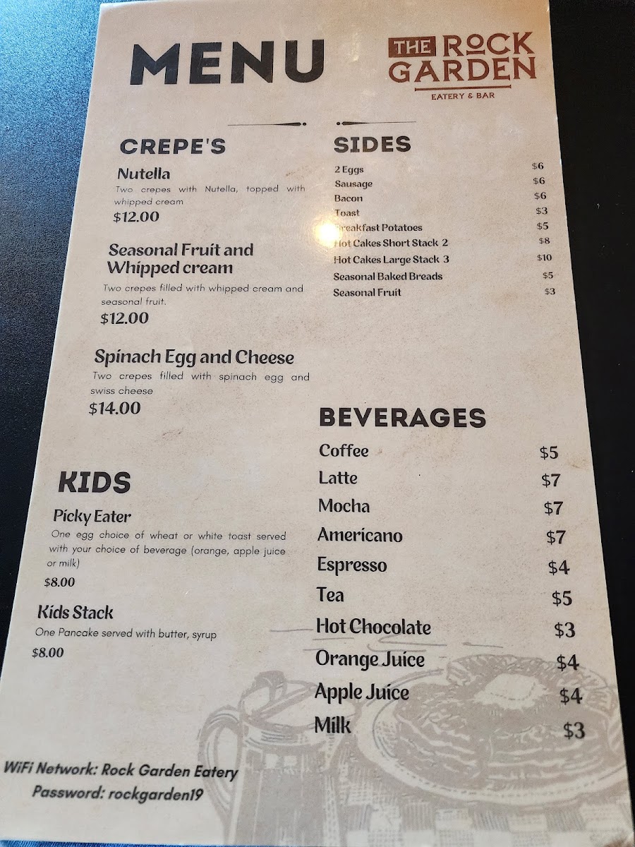 The Rock Garden Eatery and Bar menu board