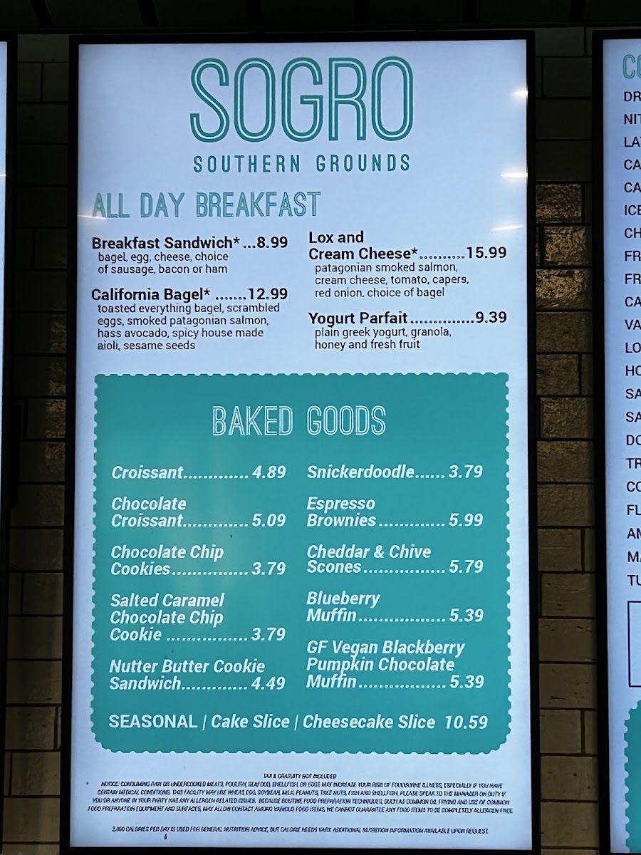 Southern Grounds menu board