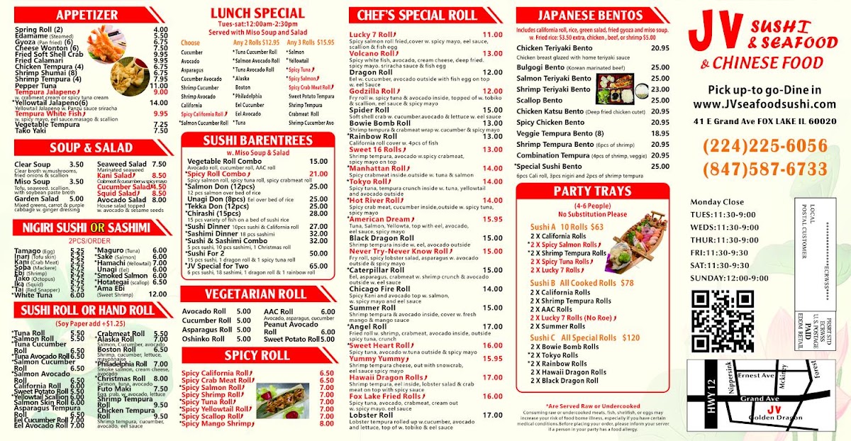 JV Seafood & Sushi menu board