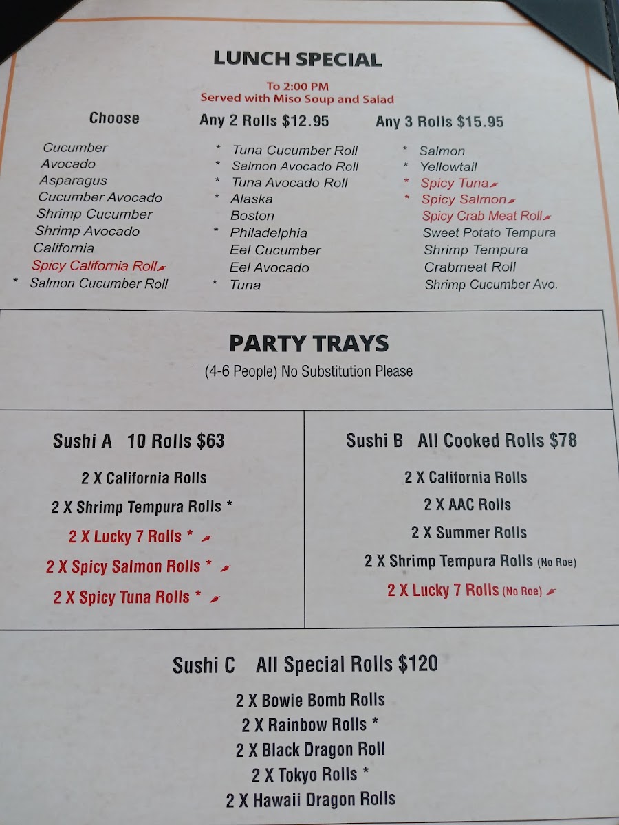 JV Seafood & Sushi menu board