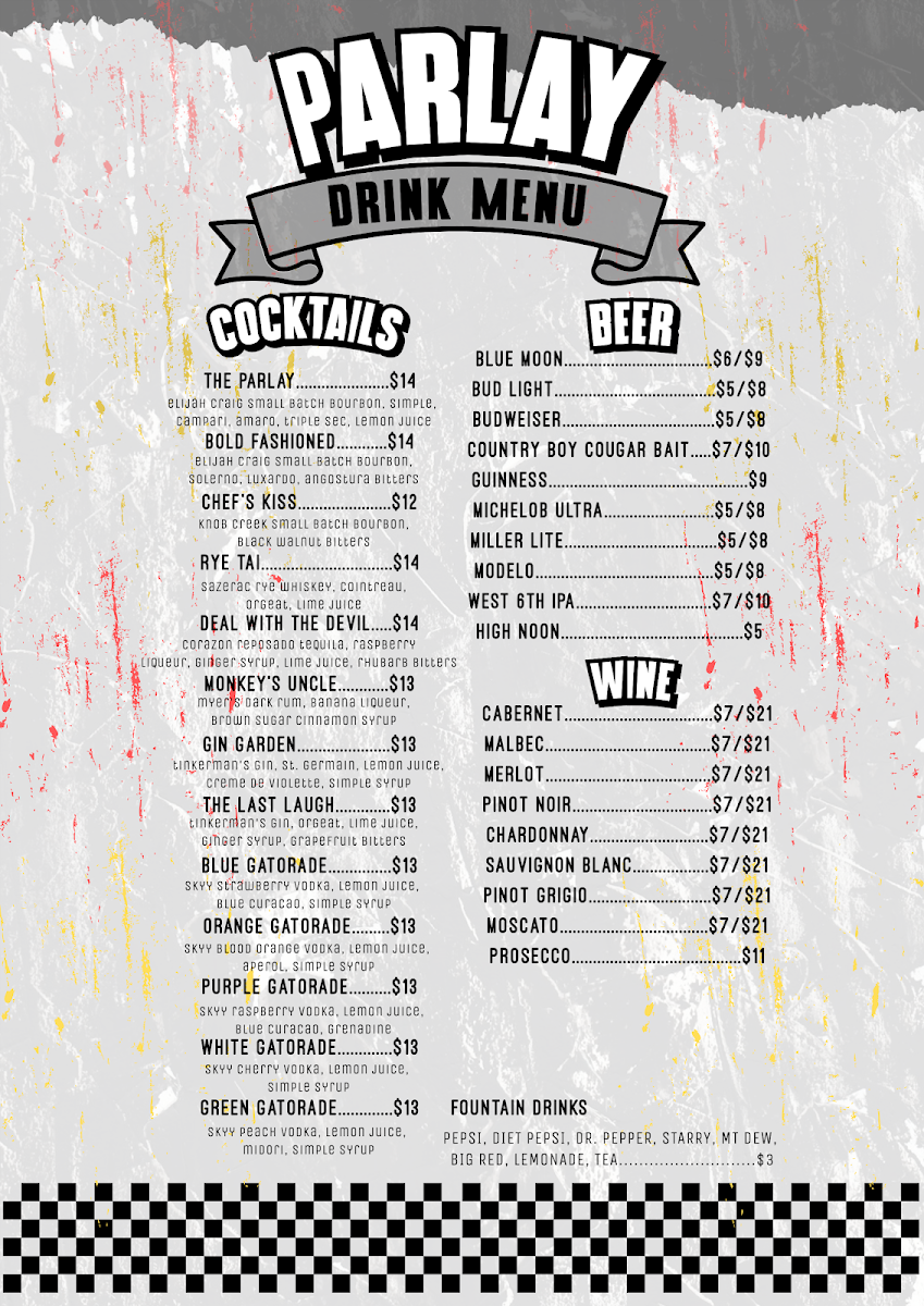 Parlay Sports Bar menu board
