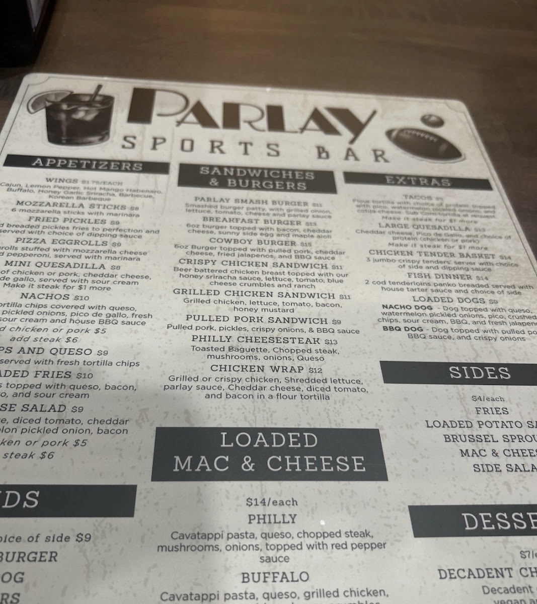 Parlay Sports Bar menu board