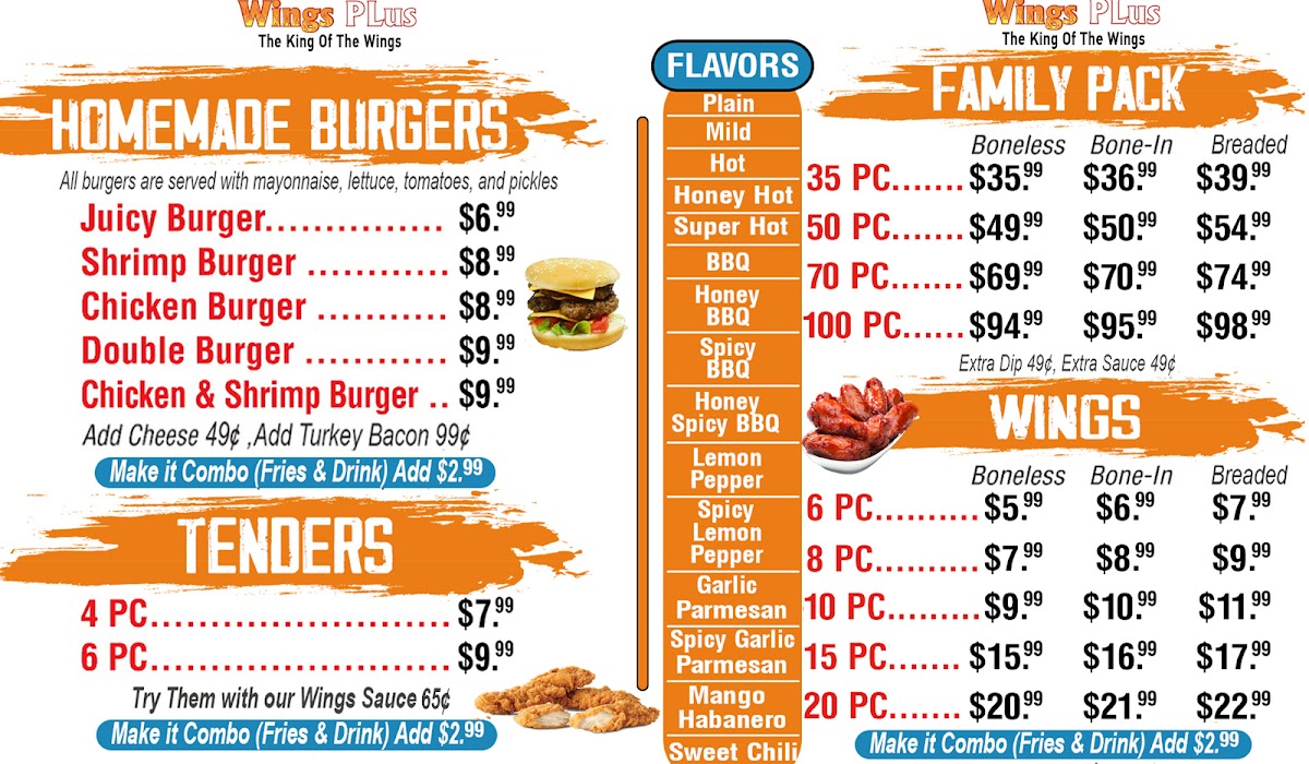 Wings Plus menu board