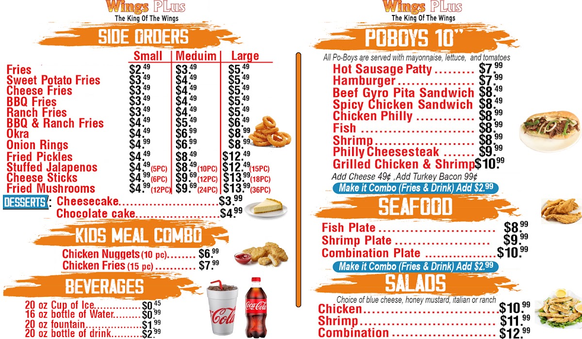Wings Plus menu board