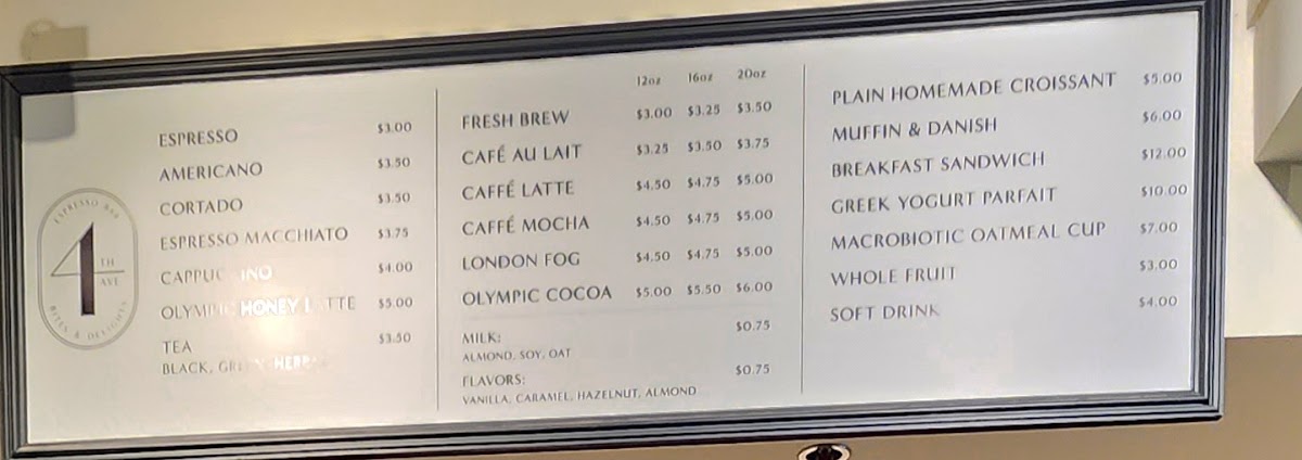 4th Ave Espresso Bar menu board