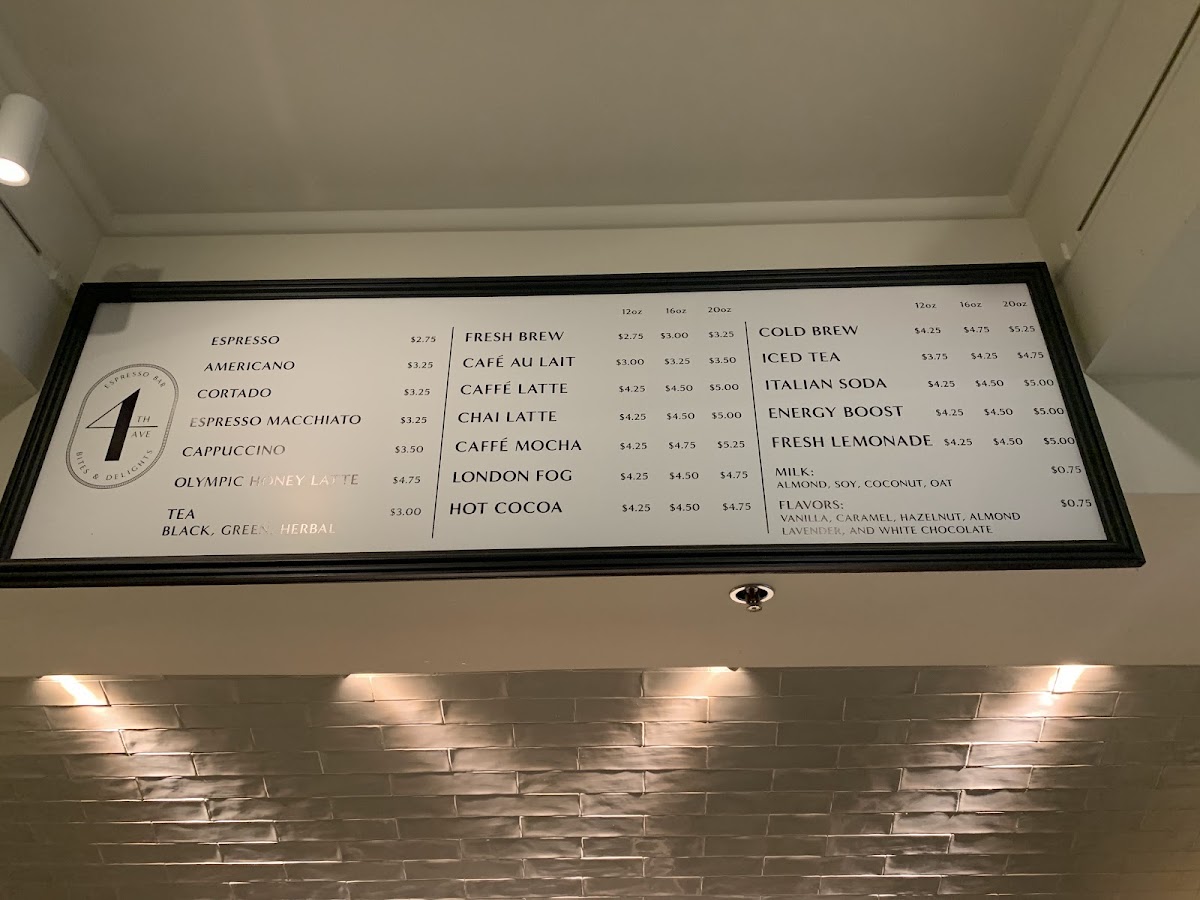 4th Ave Espresso Bar menu board