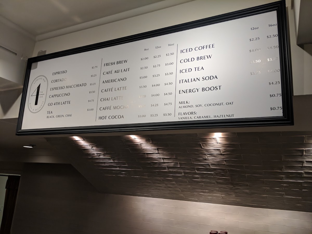 4th Ave Espresso Bar menu board