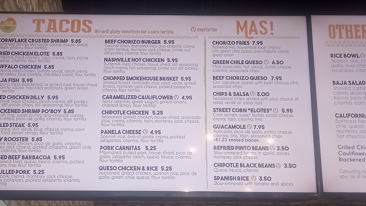 Crush Taco menu board