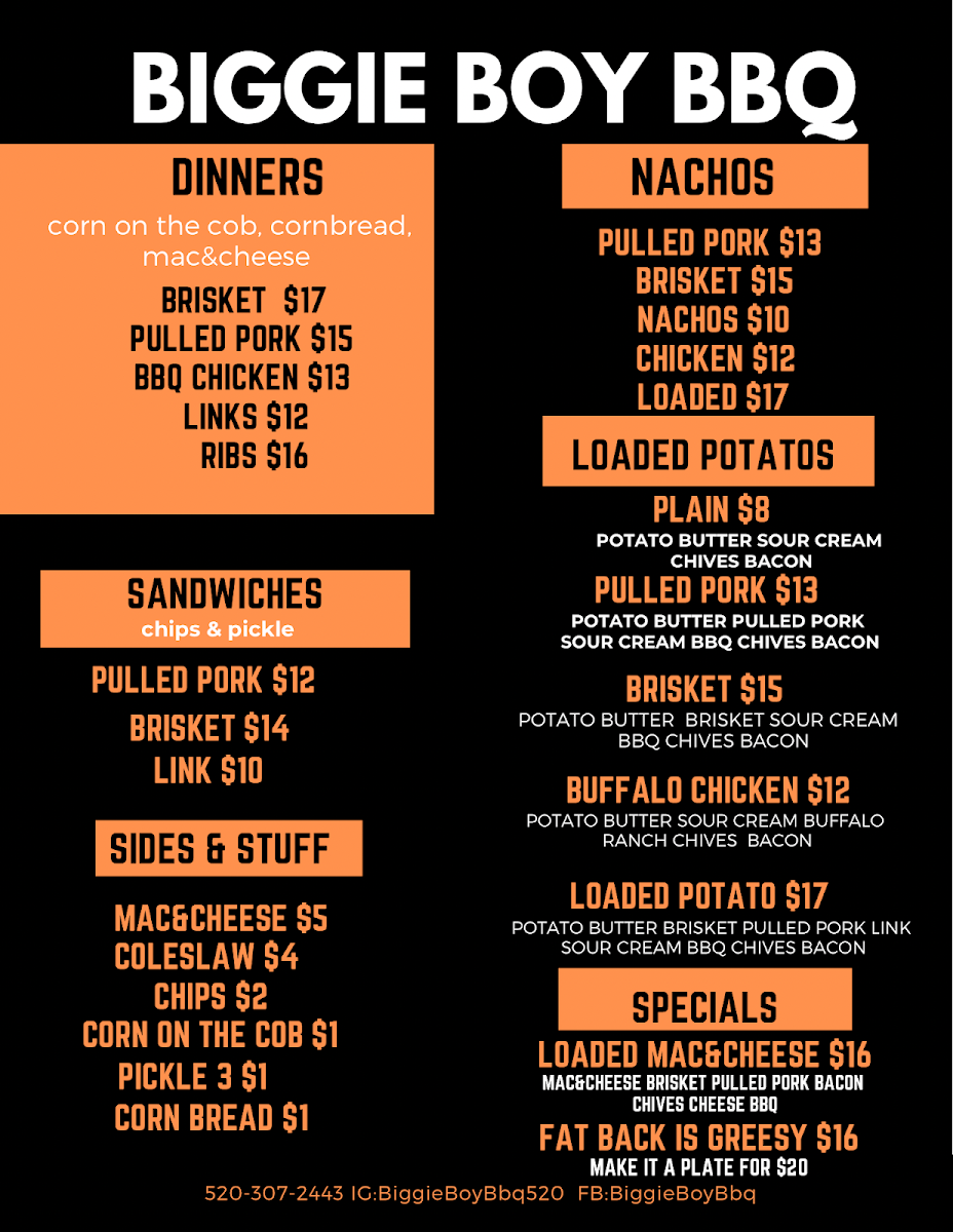 Biggie Boy BBQ menu board