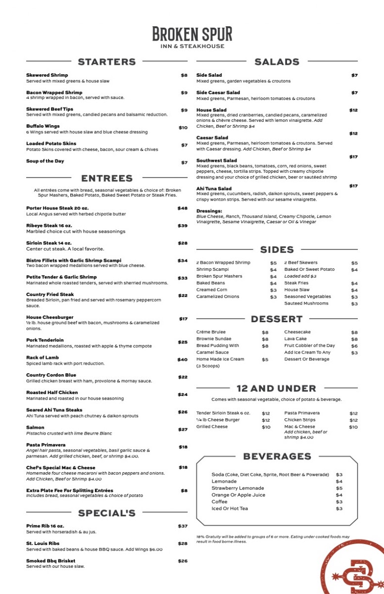 Broken Spur Steakhouse menu board