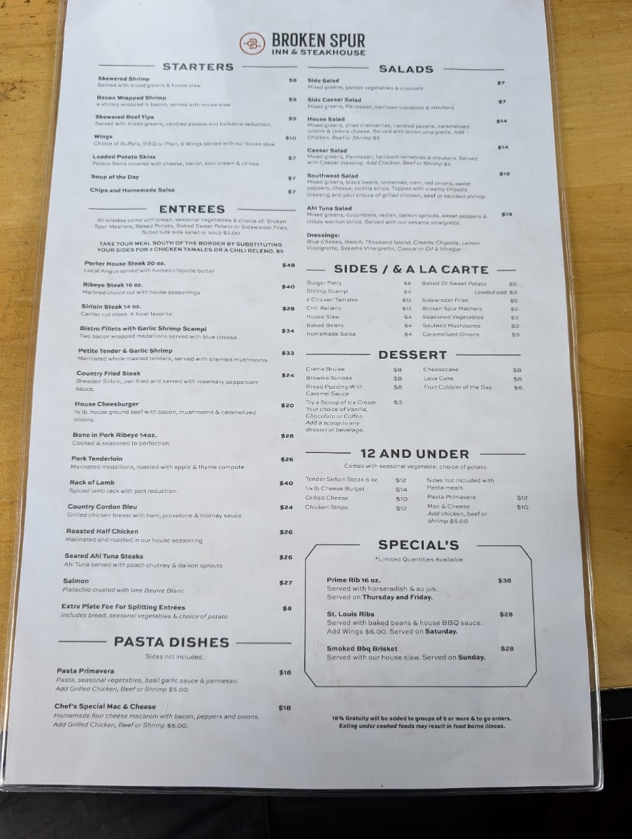 Broken Spur Steakhouse menu board
