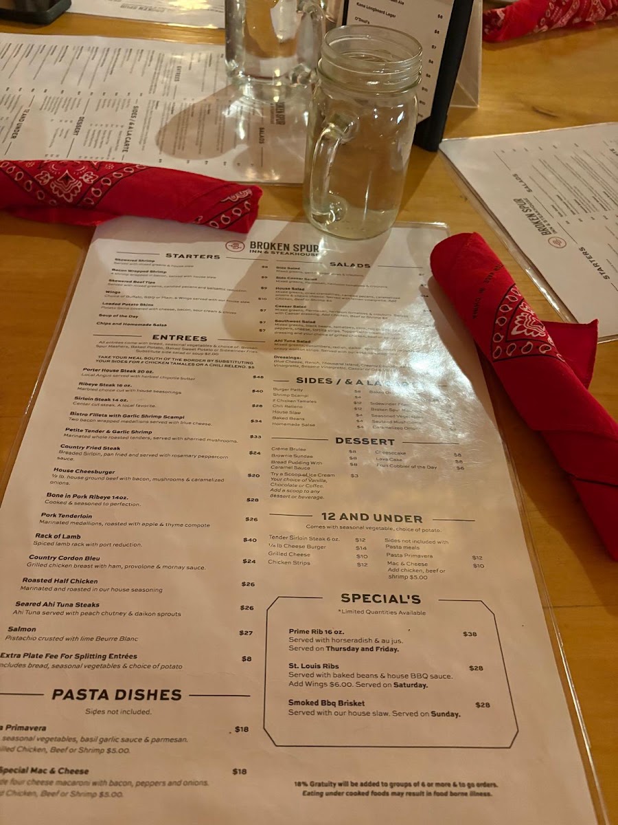 Broken Spur Steakhouse menu board