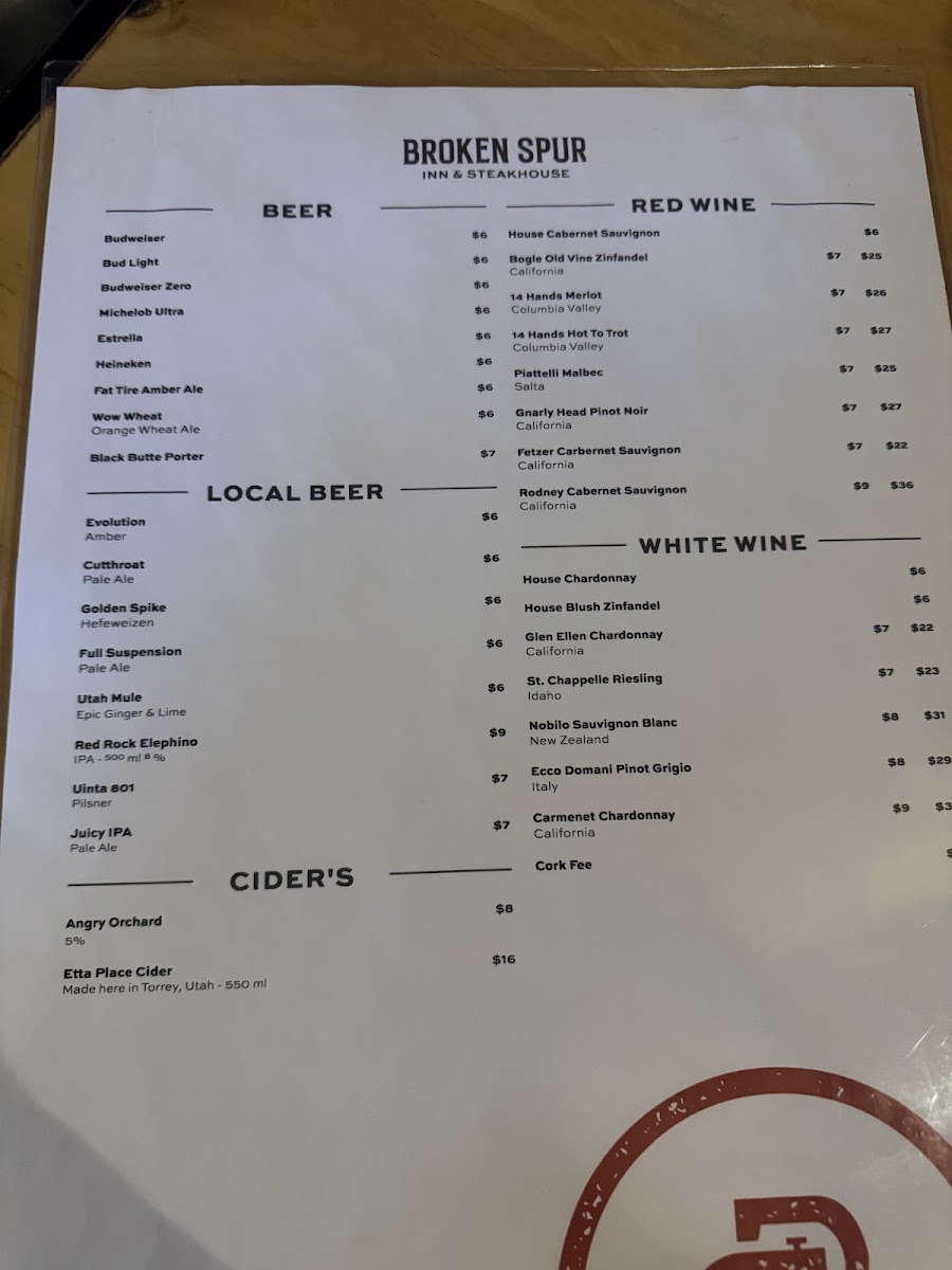 Broken Spur Steakhouse menu board