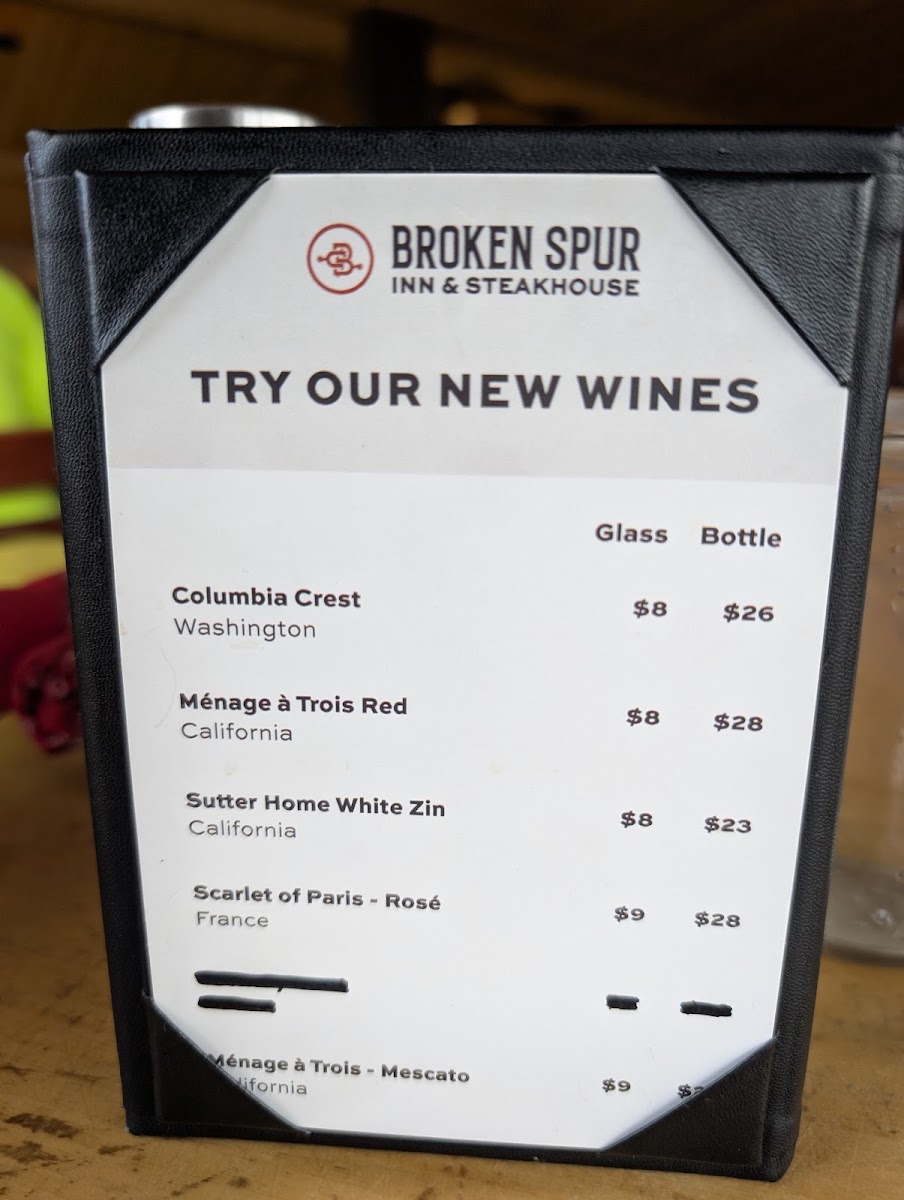 Broken Spur Steakhouse menu board