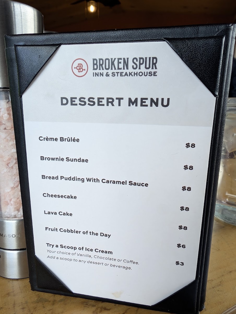 Broken Spur Steakhouse menu board