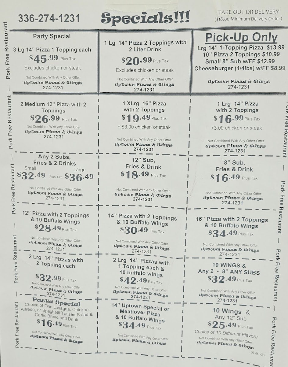 Uptown Wings & Grill menu board