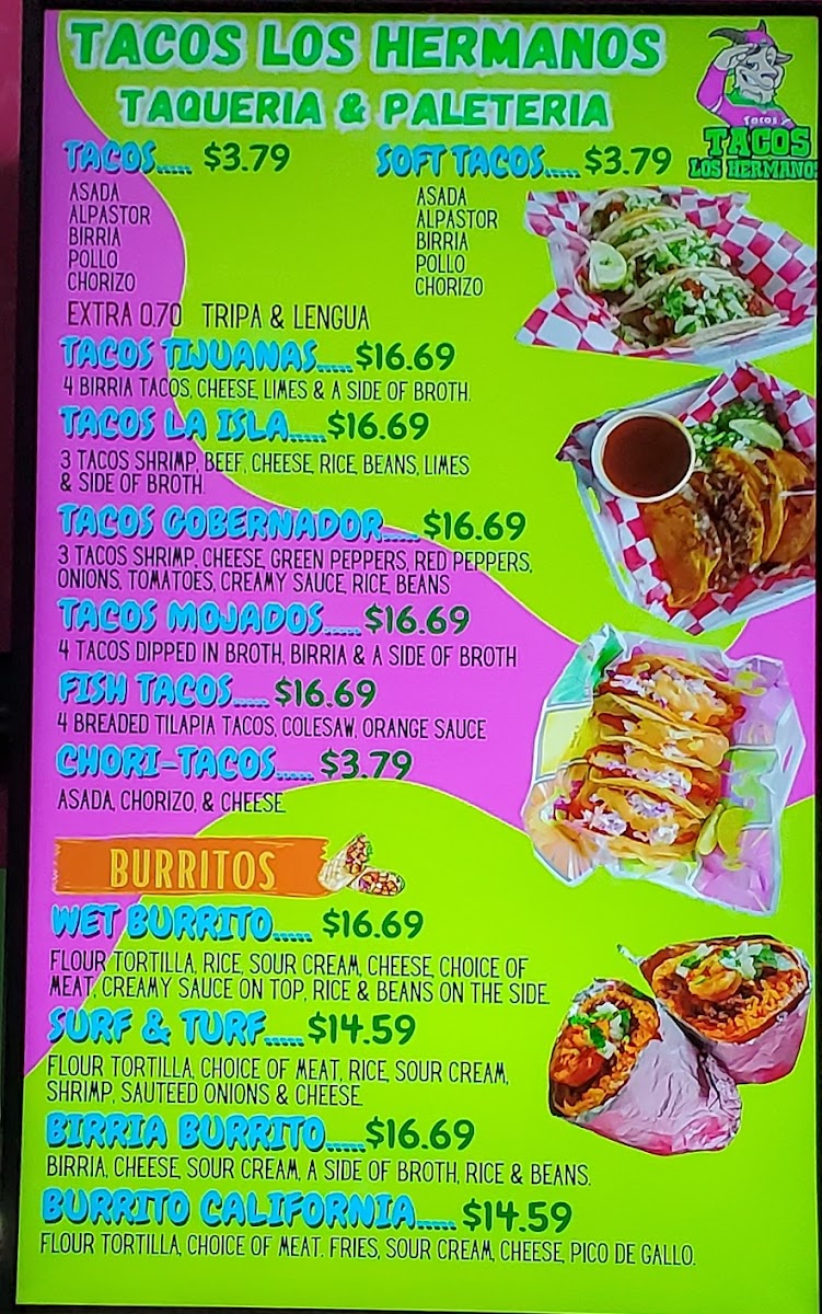 Tacos Los Hermanos menu board